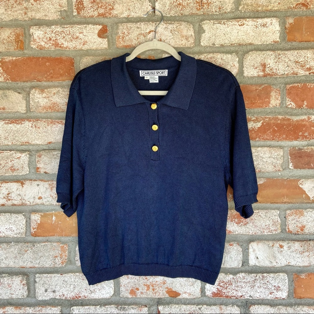 Navy Silk Polo Style Short Sleeve Shirt